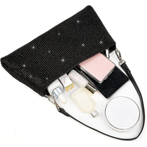 ⚡  Women's Beautiful Rhinestone Black Sparkly Handle Chain Evening Clutch Bag - Picture 2 of 8